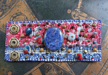 Wise Woman Kantha Cuff Bracelet with Brass Set Lapis Lazuli and Dozens of Hand Stitched Beads and Drops