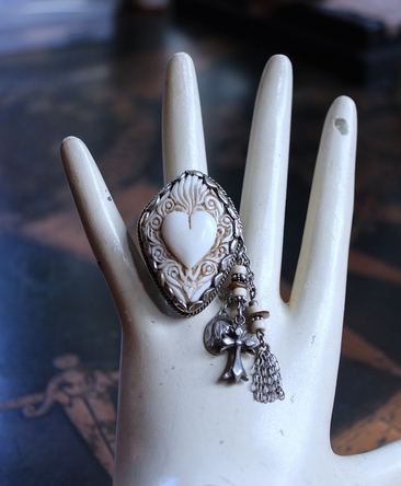 NEW! Adjustable Carved Sacred Heart Ring with Tiny Sterling Cross,Antique French Marian Medal and Chain Tassel, Beads & Sterling Rondelles