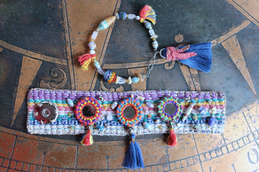 NEW!  A Joy Bracelet Set with Hand Stitched Kantha Textile,Embroidered Mirrors,Hand Made Beads,Sterling Rondelles,Mother of Pearl Beads & More!