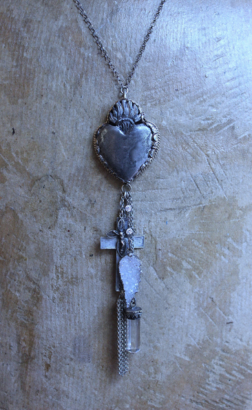 Unique Flaming Sacred Heart Pendant Necklace with Sterling Belcher Chain,Tiny Sterling Crucifix,Sterling Capped Clear Quartz Point & More!