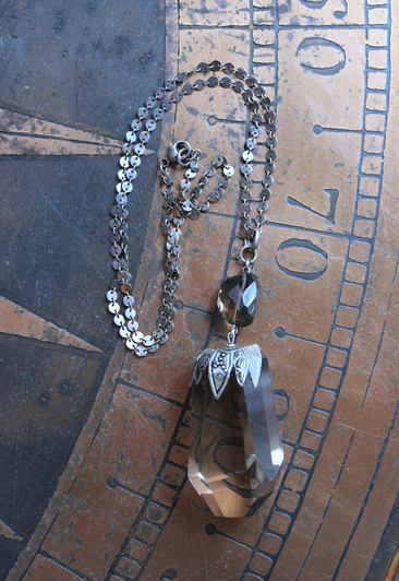 The Protection Necklace with a Uniquely Capped Smoky Quartz Free Form Pendant, Silver Paillete Chain & Checkerboard Faceted Smoky Quartz Connector