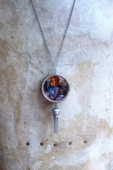 Rare Gem Collection Necklace with 9 Faceted Gemstones,Antique Pocket Watch Case, Sterling Belcher Chain and Sterling Tassel