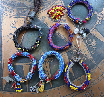 Set of 6 Authentic Tribal Seed Bead Bracelets with Various Drops & Dangles