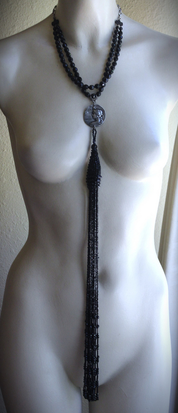 The Twilight Necklace with Rare French Crepuscle (Twilight) Medal, OOAK Long Antique Faceted Jet Bead Tassel, Bead Strands & Clasp