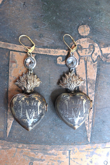 Vintage Ave Maria Flaming Sacred Heart Ex Voto Locket Earrings with Bezel Set Pointed Back Crystal Connectors