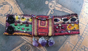 I am There Blessing Pouch Cuff with Antique Lambani Textile, Amethyst Point Drops, Multiple Beads & Prayer Card
