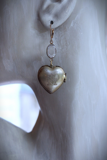 Petite Vintage Ex Voto Locket Earrings with Vintage Oval Bezel Set Crystal Connectors