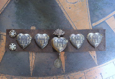 Vintage Ex Voto Cuff Bracelet with Flaming Sacred Heart Ex Voto Locket, Antique French Mother Mary Medal, 4 Ex Voto Hearts