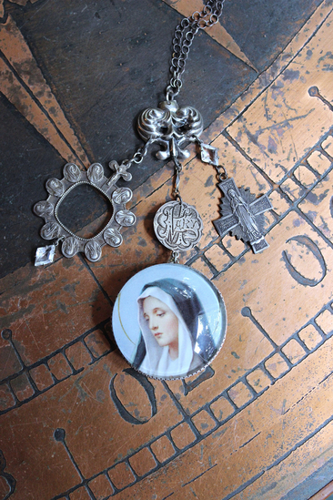 You Called me Mother Necklace w/Antique Holy Card Glass Pendant,Rare Sterling Antique Thumb Rosary, Rare Antique French Mary Medal & More!