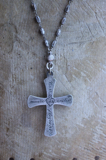 Rare Engraved Sterling Cross with Antique Sterling Sacred Heart Bead Rosary Chain