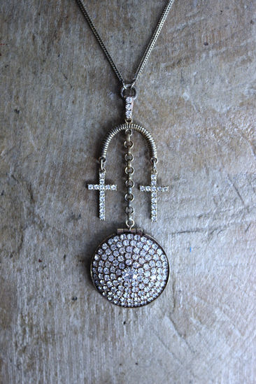 You are Here Necklace with Quality Vintage Prong Set Rhinestone Locket,Antique Foxtail Chain,2 Vintage Prong Set Rhinestone Crosses