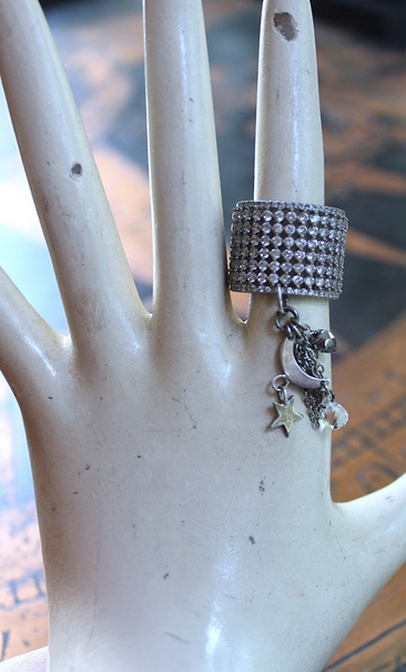 Unique Wide Band Ring with Crescent Moon, Star, Faceted Rock Crystal Tear Drop,Tiny Chain Tassel & Faceted Crystal Bead