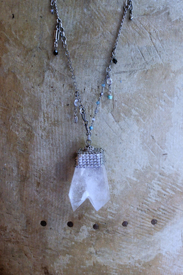 Single Soul Necklace with Amazing & Rare Double Point Clear Rock Quartz Pendant w/Sterling Mesh Cap,Sterling Chain Fragment Chain, Multiple Drops