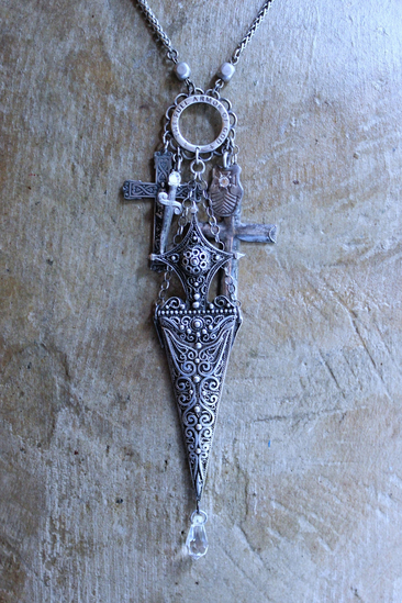 The Armor of God Necklace with Antique Sterling Filigree Sword & Sheath, Sterling Engraved Connector,Sterling Shield & Dagger