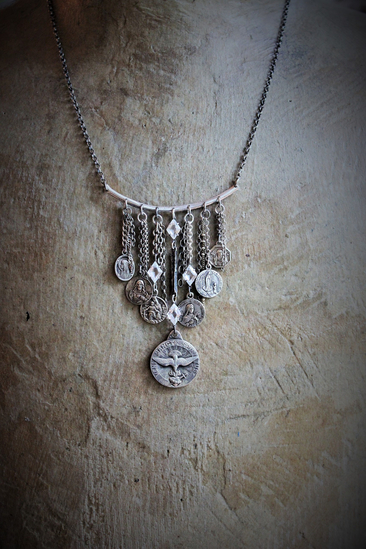 Come Holy Spirit Necklace w/RARE Antique Sterling French Vene Sancte Spiritus Medal,Antique Faceted Rock Crystal Connectors,6 Antique French Medals,Vintage & Antique Chain Fragments